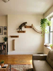Wall-mounted DIY cat climbing route with shelves and a bridge