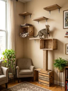 Compact DIY cat tower with shelves and wooden crates