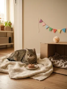 Relaxed cat enjoying a quiet and cozy birthday setup