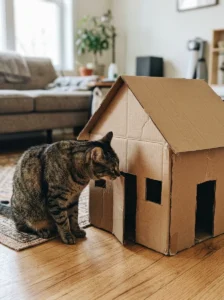 Cat exploring a homemade cardboard cottage with two doorways