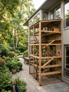 Large multi-level DIY catio with shelves, ramps and perches