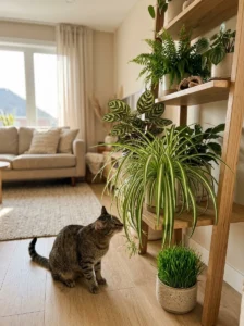 Cat exploring a living room with spider plant, calathea and cat grass