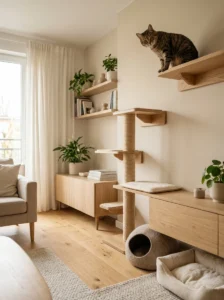 Tabby cat exploring vertical and elevated spaces in a cat-friendly room