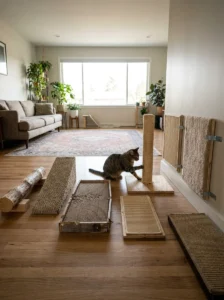 Different DIY cat scratcher ideas made from cardboard, rope and wood