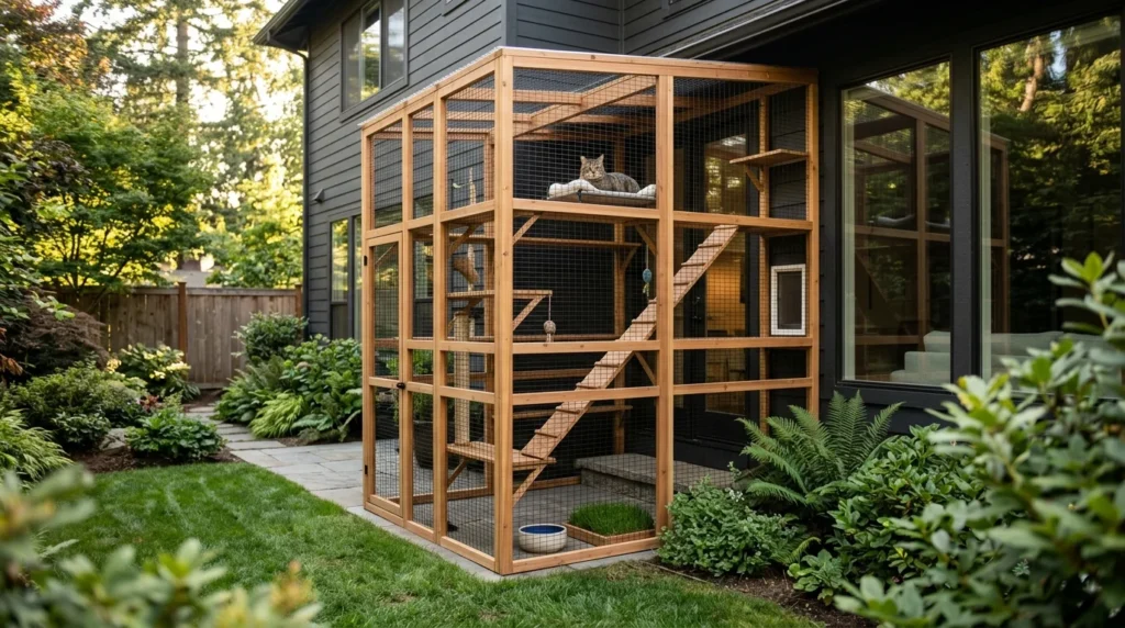 Tabby cat relaxing inside a secure DIY catio with shelves and a sunny perch