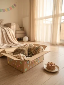 Tabby cat relaxing inside a decorated birthday box beside a treat cake
