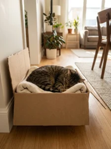 Cat resting inside a cozy cardboard box with a soft blanket