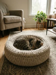 Cat curled inside a soft crochet bed with a raised rim