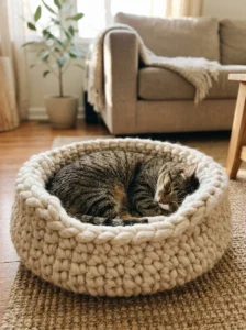 Tabby cat relaxing in a plush chunky crochet cat bed