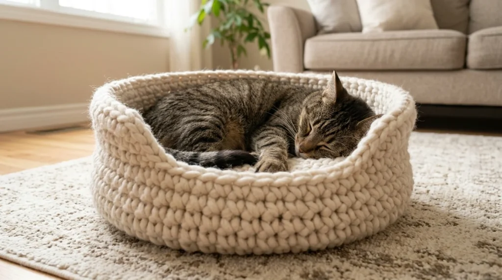 Tabby cat curled up in a plush handmade crochet cat bed
