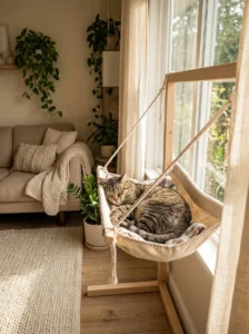 Tabby cat relaxing in a cozy DIY cat hammock by a window