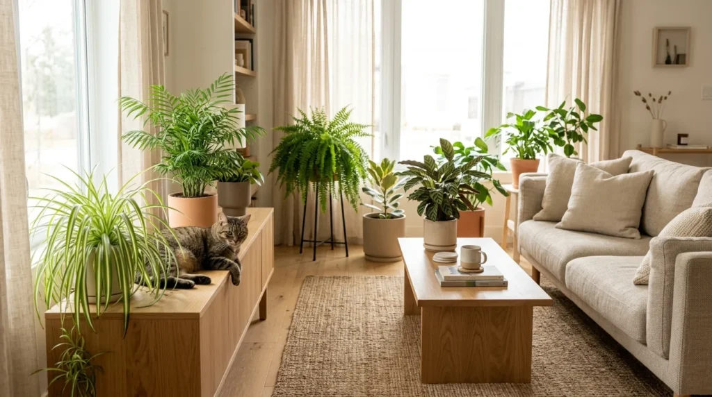Cat relaxing beside cat friendly house plants including a spider plant and parlor palm