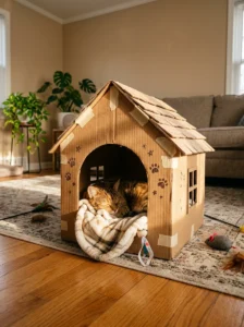 Tabby cat resting inside a cozy DIY cardboard cat house