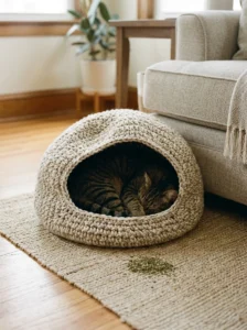 Cat sleeping in a handmade crochet cave bed beside a sofa