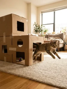 Tabby cat playing inside a homemade cardboard fort