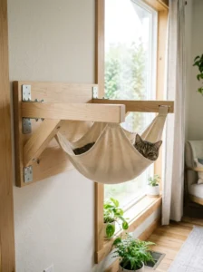 Cat relaxing in a sturdy framed DIY hammock near a window