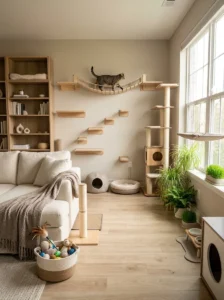 Cat-friendly room with shelves, perches, scratching areas, beds, and storage