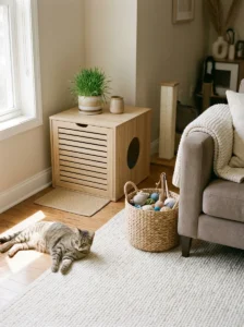 Organized cat room with litter nook, toy basket, cat-safe plant, and hidden cords