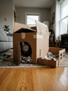 Simple DIY cardboard cat hideout with a round doorway