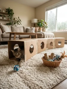 Tabby cat enjoying a rotated selection of homemade toys