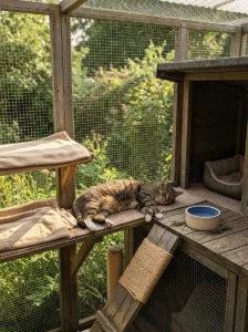 Cat relaxing in a shaded outdoor catio beside a sunny perch