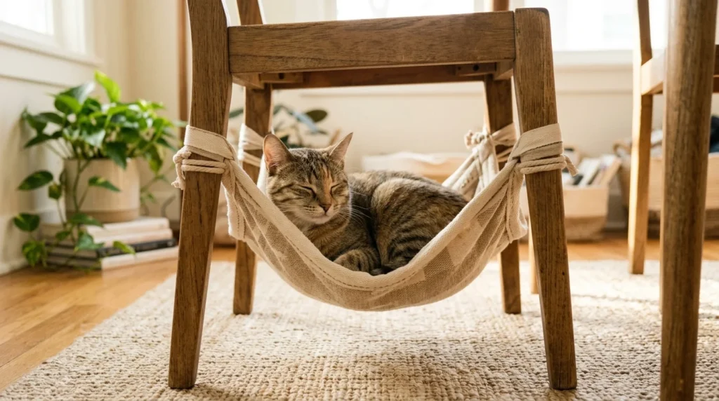 Tabby cat relaxing in a handmade DIY cat hammock