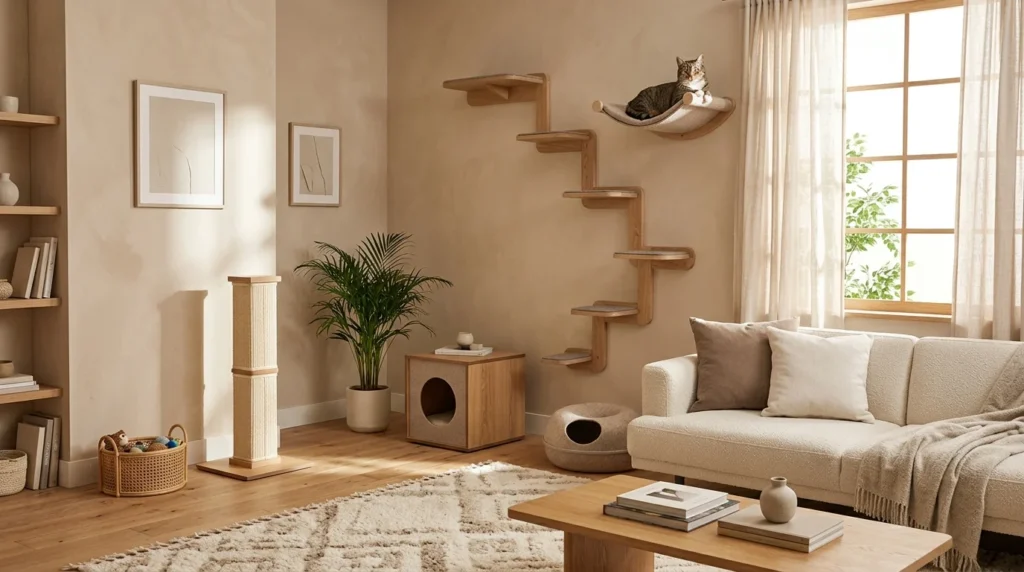 Cat relaxing in a stylish room with wall shelves, a perch, and cozy furniture