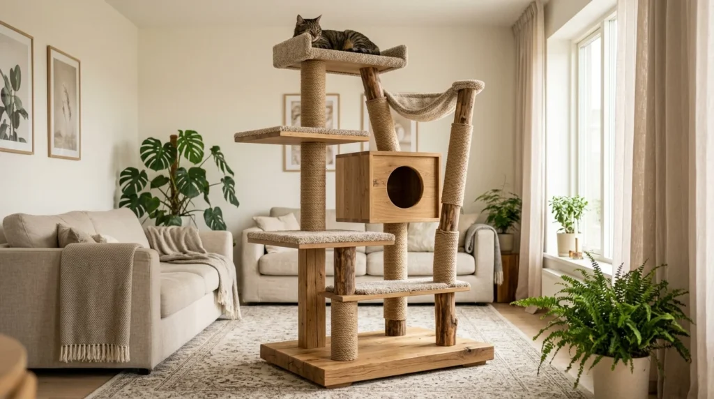 Tabby cat relaxing on a sturdy handmade DIY cat tree with multiple platforms