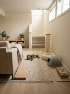 Cozy low-level cat area with a bed, scratching post, hideaway, and feeding station