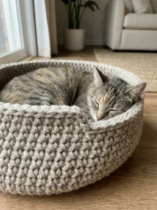 Tightly stitched crochet cat bed with secure seams and no loose threads