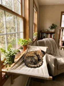 Cat relaxing in a cozy hammock near a sunny window