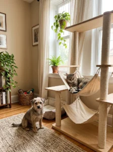 Cat relaxing in a sturdy hammock with a small dog nearby