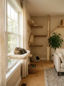 Happy tabby cat relaxing in a stylish cat-friendly room