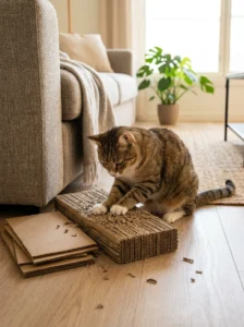 Cat using a homemade corrugated cardboard scratcher