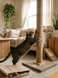 Cat using a wall mounted DIY sisal scratching panel