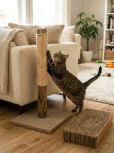 Cat using a DIY scratcher beside a sofa in a cozy home