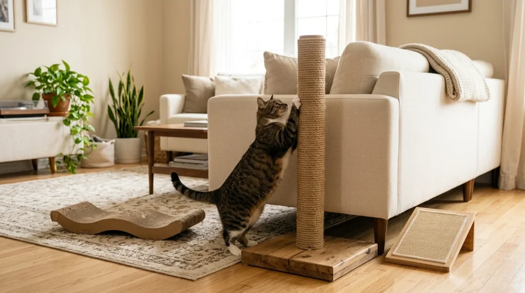 Tabby cat using a DIY sisal rope scratching post beside a sofa