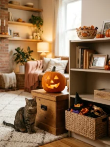 Cat safely enjoying Halloween decorations with a flameless pumpkin light