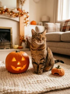 Relaxed tabby cat enjoying a safe Halloween setup with a pumpkin