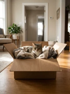 Cat relaxing in a simple cardboard box with a soft blanket