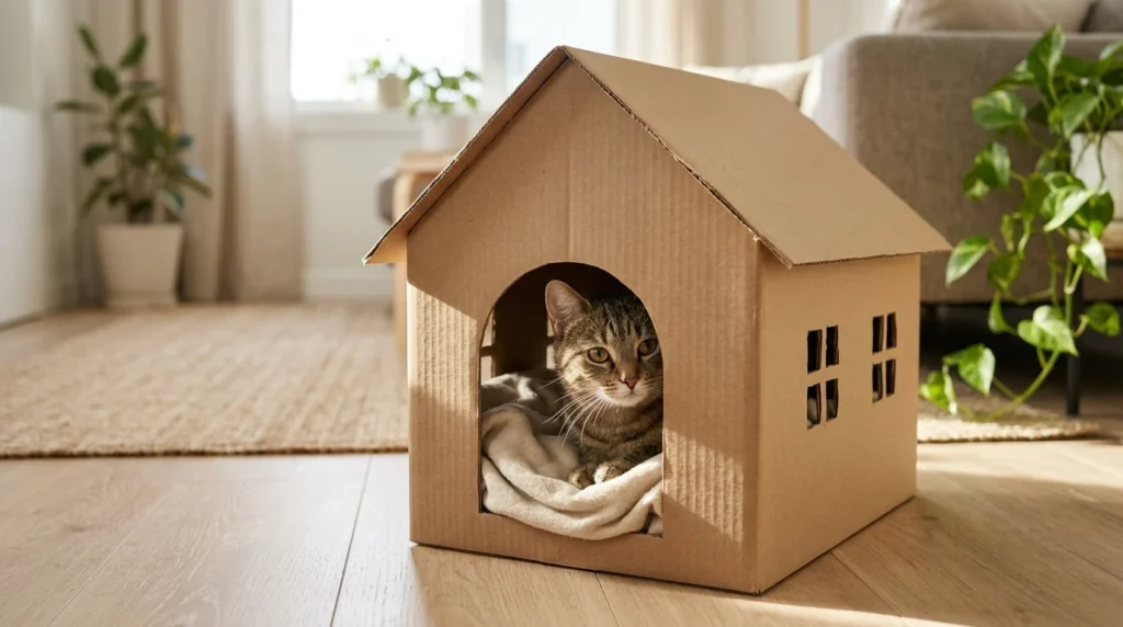 Tabby cat relaxing inside a handmade cardboard cat house
