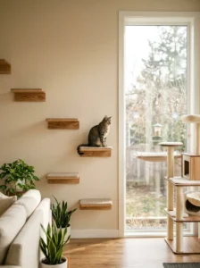 Tabby cat using wall shelves and a window perch for vertical space
