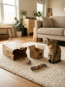 Tabby cat beside a collection of easy homemade cat toys
