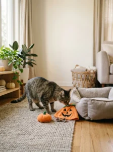 Cat calmly inspecting a Halloween costume before wearing it