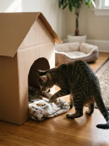 Cat discovering a cardboard hideout with a familiar blanket inside