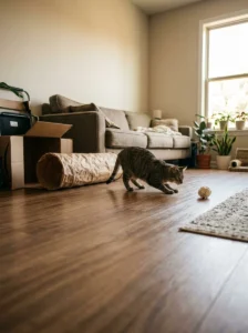 Tabby cat chasing a crinkly homemade toy during play