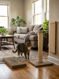 Cat choosing between different DIY scratching options
