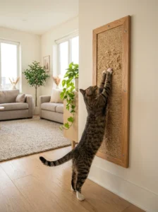Cat using a scratching post placed beside the sofa