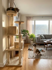 Cat using a tall tower while a small dog stays on the floor
