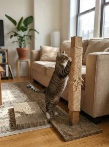 Cat using a homemade sisal scratching post beside a sofa